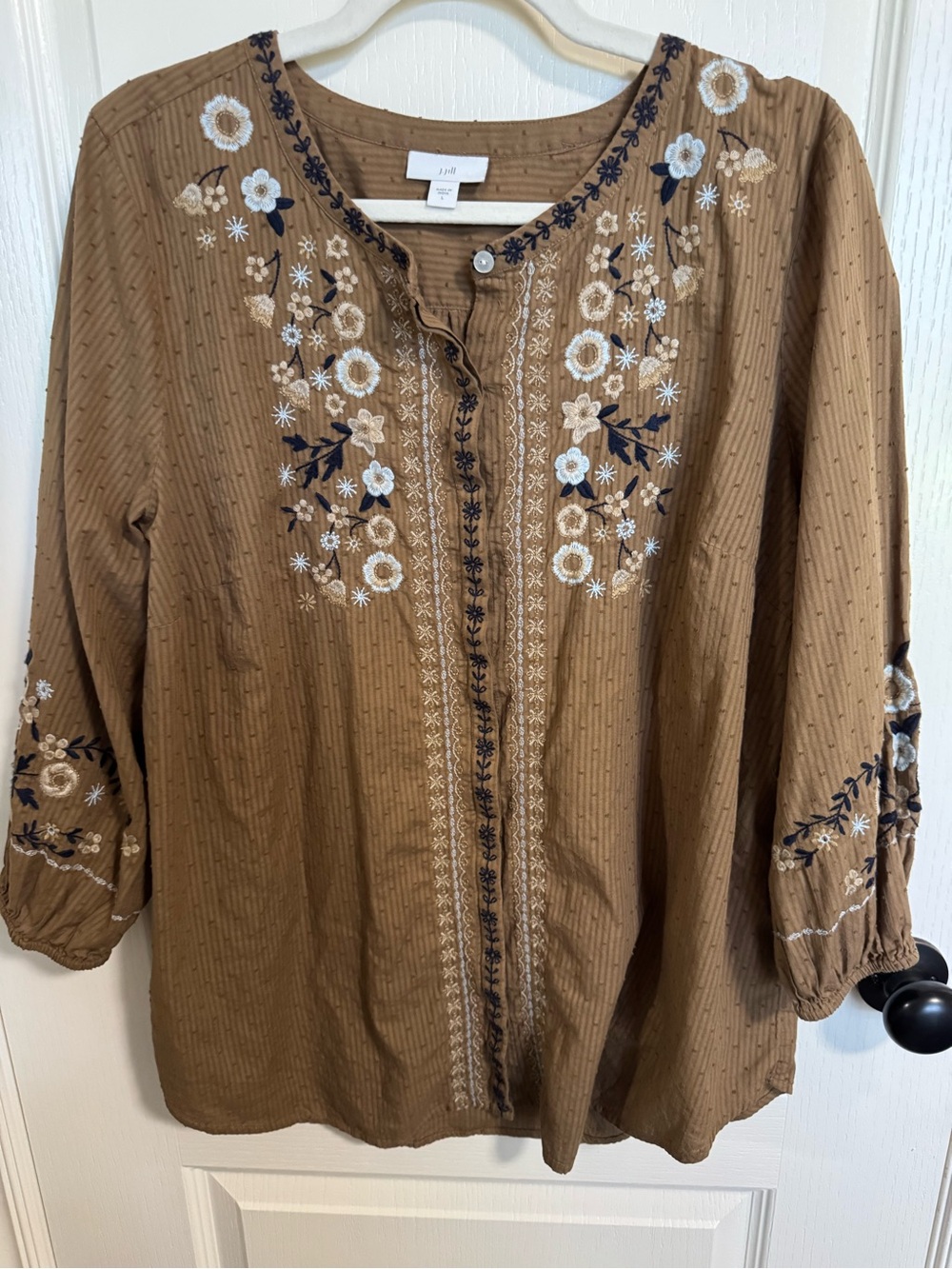 J. Jill Embroidered Swiss Dot Boho Peasant Tunic Blouse – Size L
